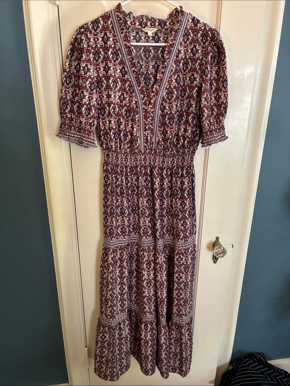 Max Studio Burgundy and Cream Boho V-Neck Maxi Dress